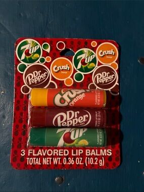 3-Pack Soda Flavored Lip Balms - 7UP, Dr Pepper, Crush Orange